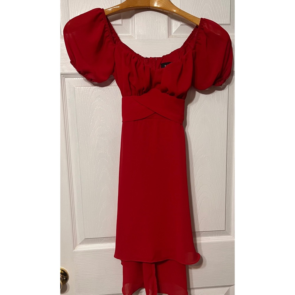 B. Darlin Red‎ Off Shoulder Puff Sleeve Chiffon size 0 Midi Dress 067W265